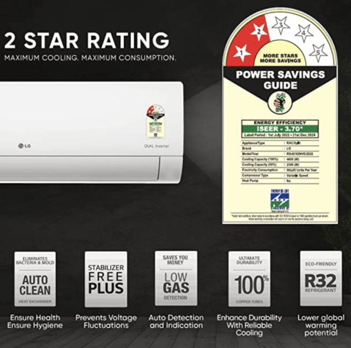 LG 1.5 Ton 2 Star DUAL Inverter Split AC (Copper, Convertible 4-in-1 Cooling, HD Filter with Anti-virus Protection, 2023 Model, RS-Q18ZNVE, White) - Image 2